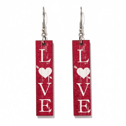 Red and White Wood 'Love' Bar Drop Earrings, drop earrings for women, everyday style, side view