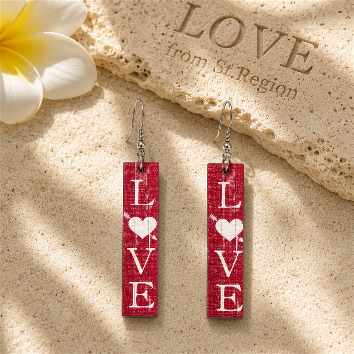 Red and White Wood 'Love' Bar Drop Earrings, drop earrings for women, everyday style, lifestyle look