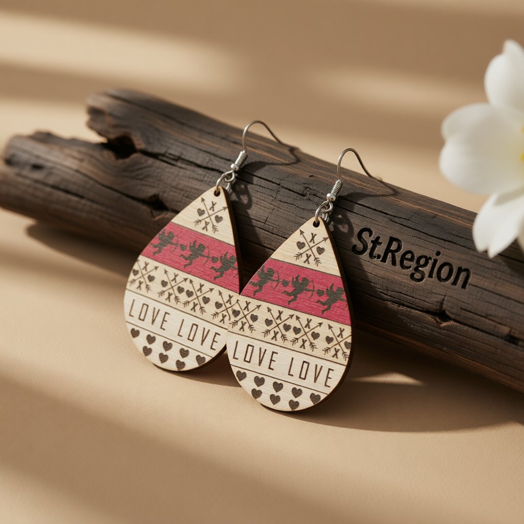 Beige and Fuchsia Wood Fair Isle Cupid 'Love' Teardrop Earrings, drop earrings for women, everyday style, front view