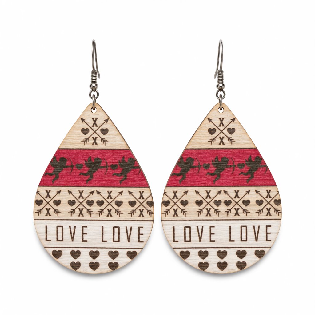 Beige and Fuchsia Wood Fair Isle Cupid 'Love' Teardrop Earrings, drop earrings for women, everyday style, side view