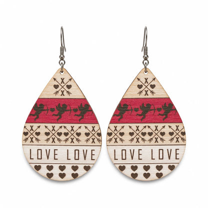 Beige and Fuchsia Wood Fair Isle Cupid 'Love' Teardrop Earrings, drop earrings for women, everyday style, side view