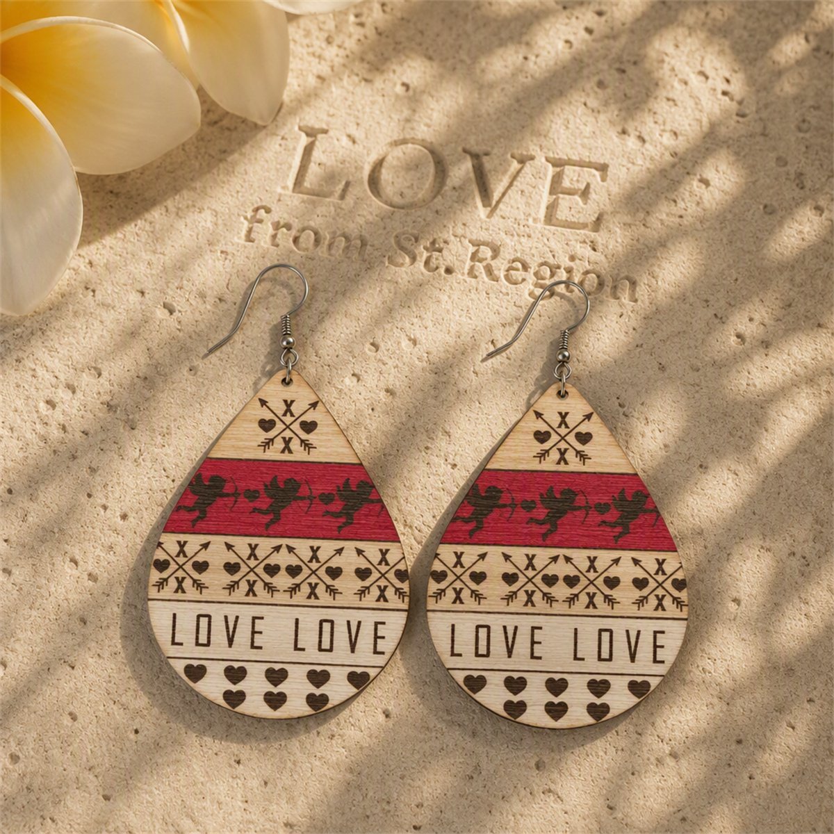 Beige and Fuchsia Wood Fair Isle Cupid 'Love' Teardrop Earrings, drop earrings for women, everyday style, lifestyle look