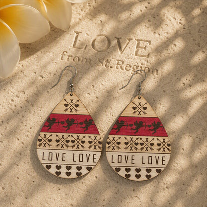 Beige and Fuchsia Wood Fair Isle Cupid 'Love' Teardrop Earrings, drop earrings for women, everyday style, lifestyle look