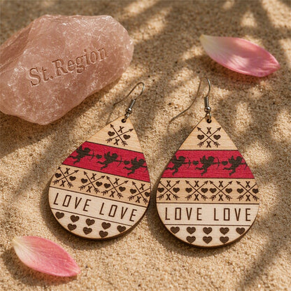 Beige and Fuchsia Wood Fair Isle Cupid 'Love' Teardrop Earrings, drop earrings for women, everyday style, detail close-up