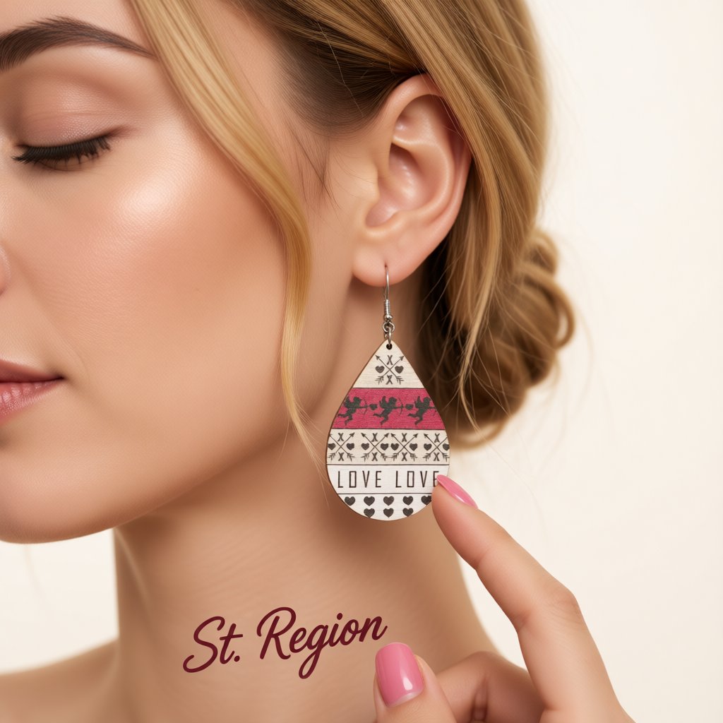 Beige and Fuchsia Wood Fair Isle Cupid 'Love' Teardrop Earrings, drop earrings for women, everyday style, styled look