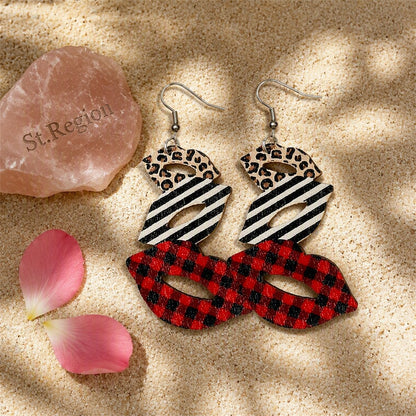 Red and White Wood Openwork Plaid Leopard Lips Drop Earrings, drop earrings for women, elegant gift for her, detail close-up