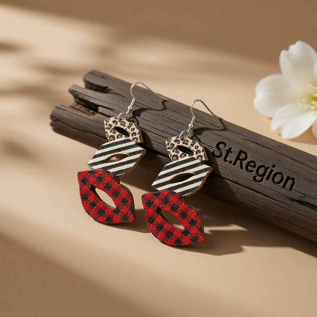 Red and White Wood Openwork Plaid Leopard Lips Drop Earrings, drop earrings for women, elegant gift for her, front view