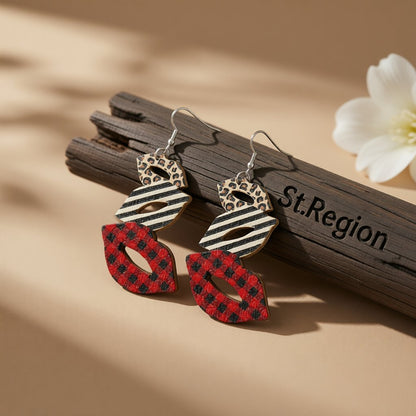 Red and White Wood Openwork Plaid Leopard Lips Drop Earrings, drop earrings for women, elegant gift for her, front view