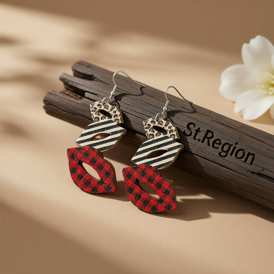 Red and White Wood Openwork Plaid Leopard Lips Drop Earrings, drop earrings for women, elegant gift for her, front view