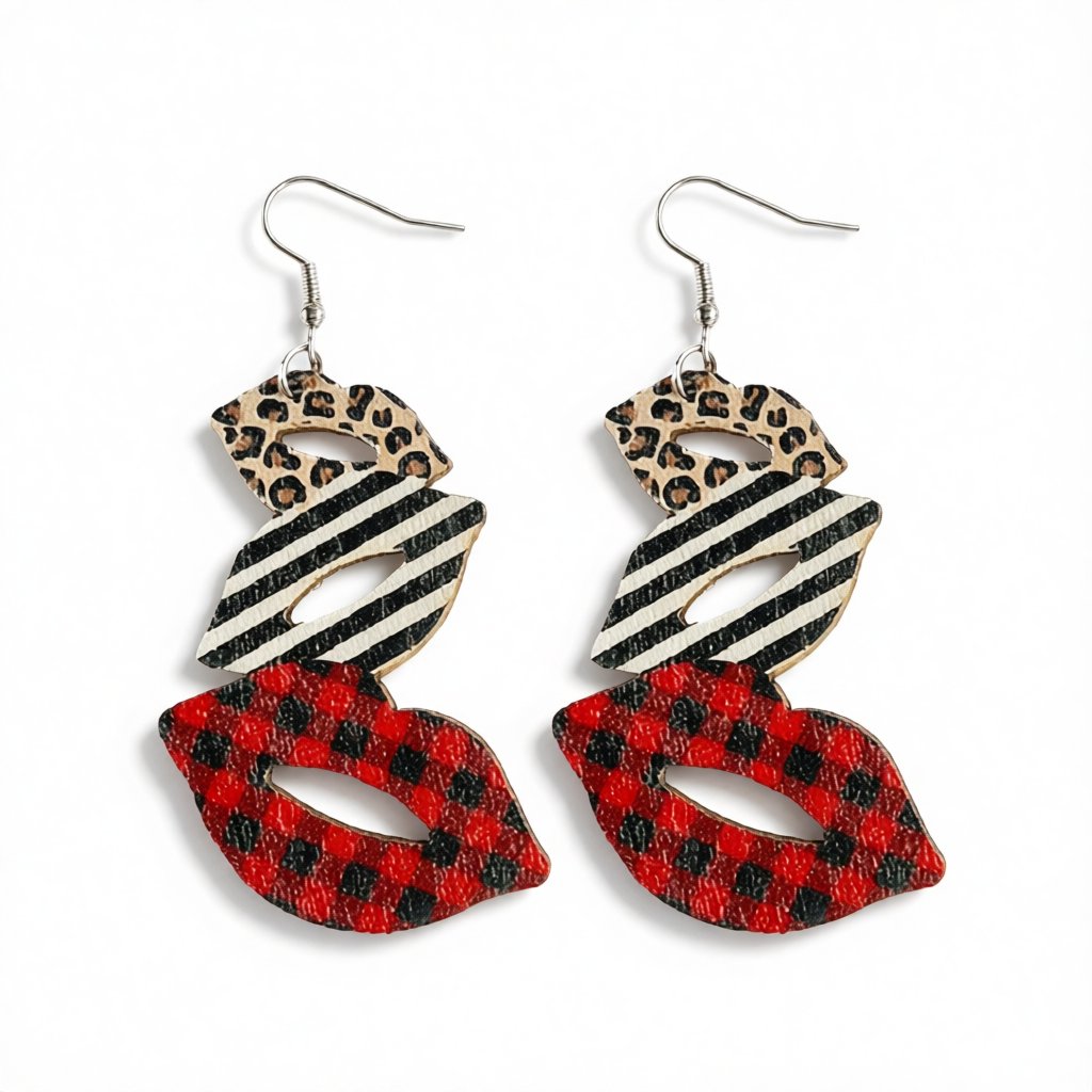 Red and White Wood Openwork Plaid Leopard Lips Drop Earrings, drop earrings for women, elegant gift for her, side view
