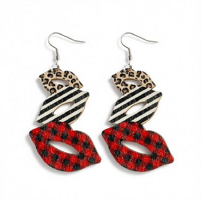 Red and White Wood Openwork Plaid Leopard Lips Drop Earrings, drop earrings for women, elegant gift for her, side view