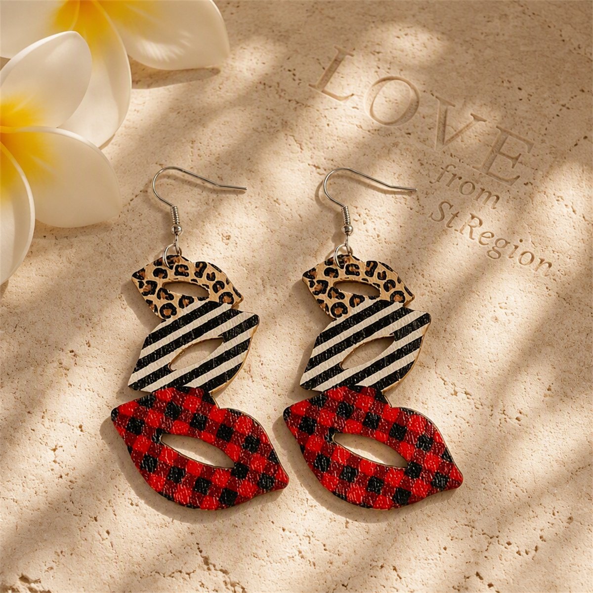 Red and White Wood Openwork Plaid Leopard Lips Drop Earrings, drop earrings for women, elegant gift for her, lifestyle look