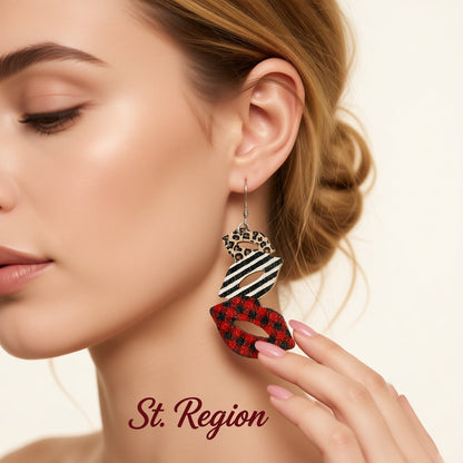 Red and White Wood Openwork Plaid Leopard Lips Drop Earrings, drop earrings for women, elegant gift for her, styled look