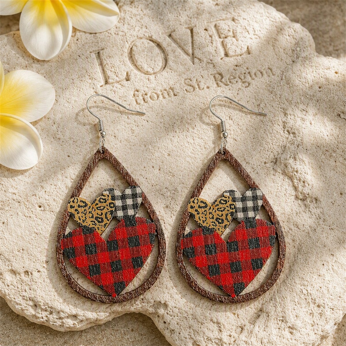 Red and Brown Wood Plaid Hearts Openwork Teardrop Earrings, drop earrings for women, dainty minimalist design, lifestyle look