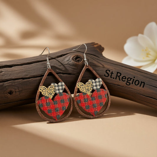 Red and Brown Wood Plaid Hearts Openwork Teardrop Earrings, drop earrings for women, dainty minimalist design, front view