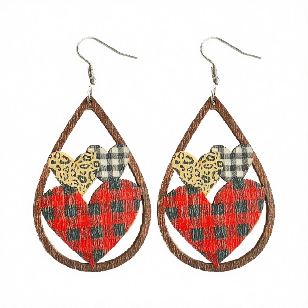 Red and Brown Wood Plaid Hearts Openwork Teardrop Earrings, drop earrings for women, dainty minimalist design, side view