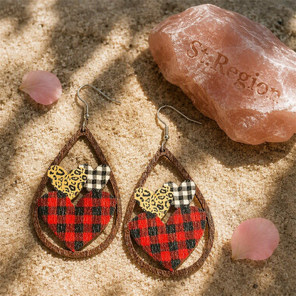 Red and Brown Wood Plaid Hearts Openwork Teardrop Earrings, drop earrings for women, detail close-up