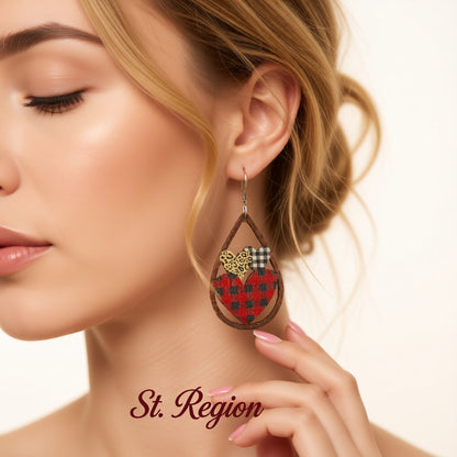 Red and Brown Wood Plaid Hearts Openwork Teardrop Earrings, drop earrings for women, dainty minimalist design, styled look