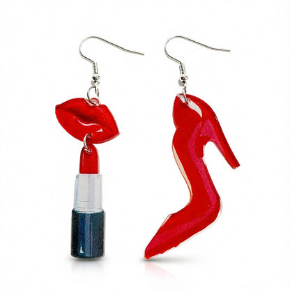 Red Asymmetrical Lipstick and Heels Drop Earrings, drop earrings for women, vintage-inspired design, side view