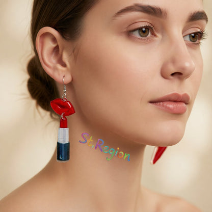 Red Asymmetrical Lipstick and Heels Drop Earrings, drop earrings for women, vintage-inspired design, styled look