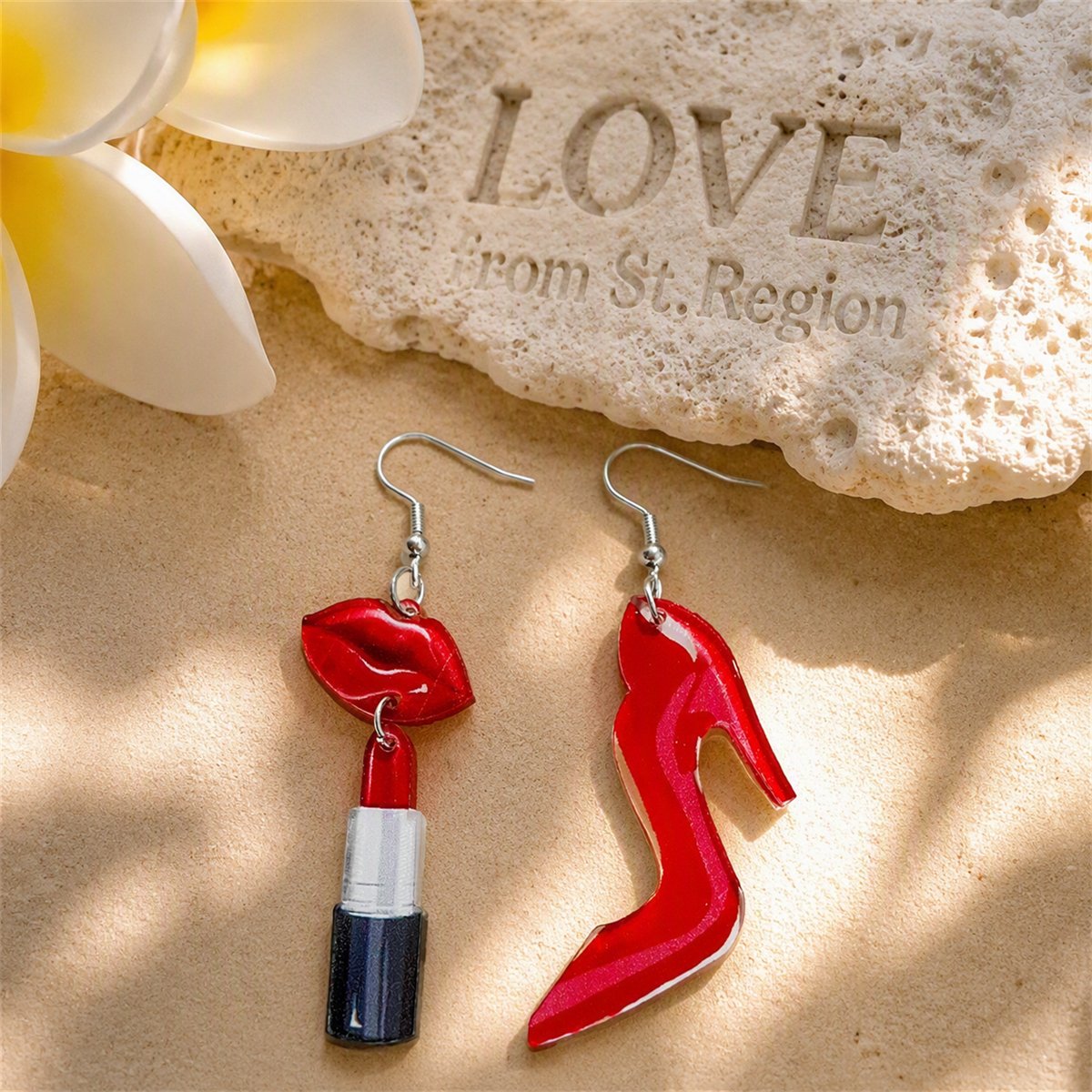 Red Asymmetrical Lipstick and Heels Drop Earrings, drop earrings for women, vintage-inspired design, lifestyle look