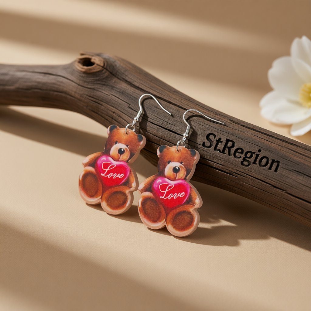 Brown and Pink 'Love' Bear Heart Drop Earrings, drop earrings for women, vintage-inspired design, front view