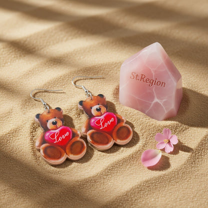 Brown and Pink 'Love' Bear Heart Drop Earrings, drop earrings for women, vintage-inspired design, detail close-up