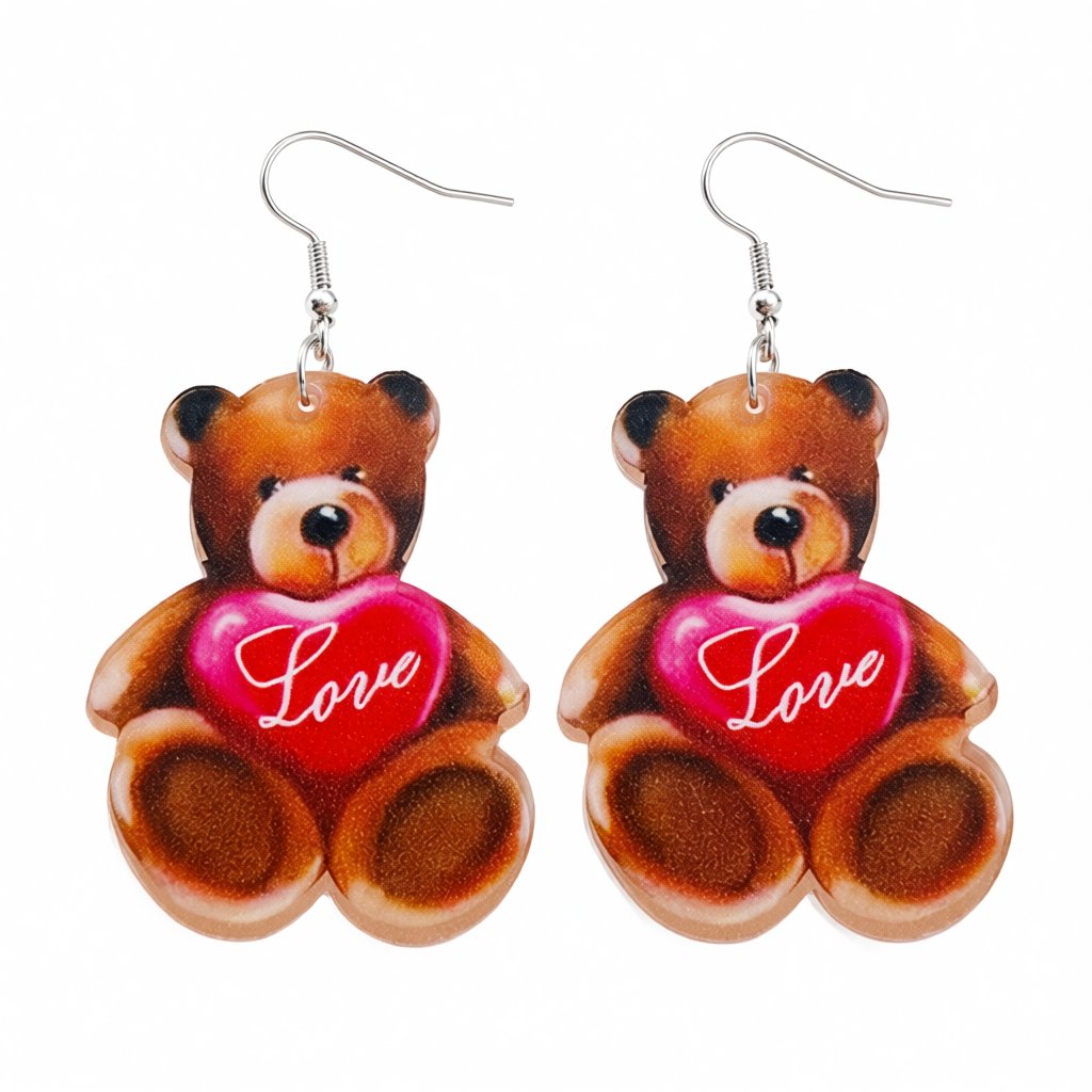 Brown and Pink 'Love' Bear Heart Drop Earrings, drop earrings for women, vintage-inspired design, side view