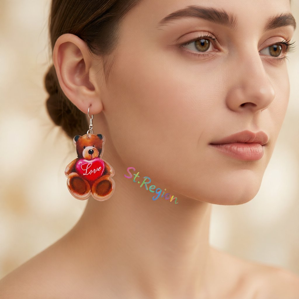 Brown and Pink 'Love' Bear Heart Drop Earrings, drop earrings for women, vintage-inspired design, styled look