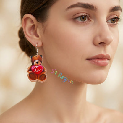 Brown and Pink 'Love' Bear Heart Drop Earrings, drop earrings for women, vintage-inspired design, styled look
