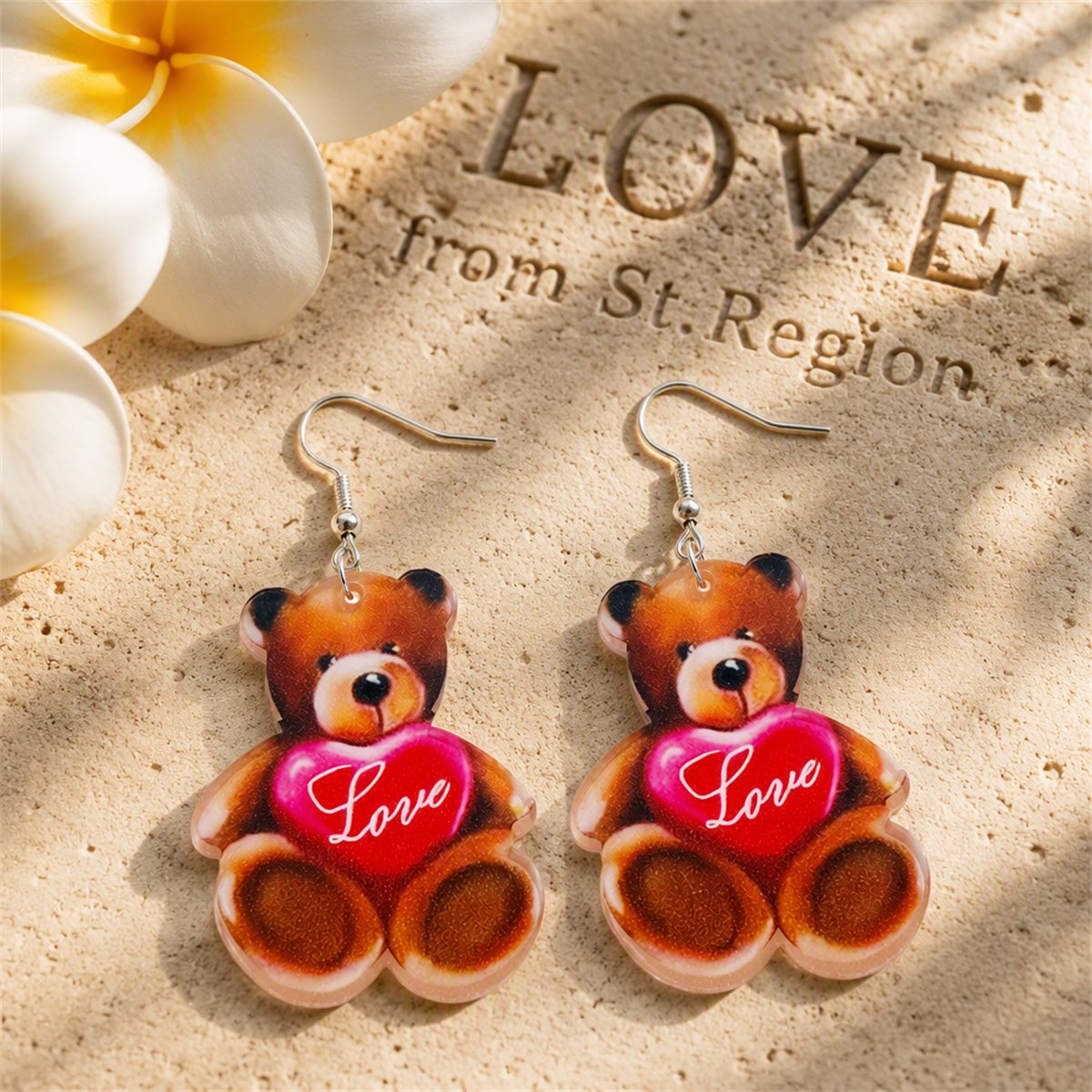 Brown and Pink 'Love' Bear Heart Drop Earrings, drop earrings for women, vintage-inspired design, lifestyle look
