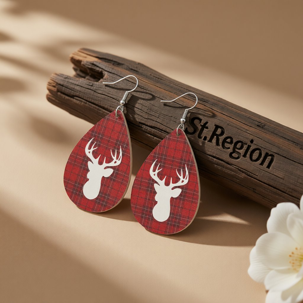 Red and Silver-Plated Plaid Reindeer Drop Earrings, silver drop earrings for women, everyday style, front view