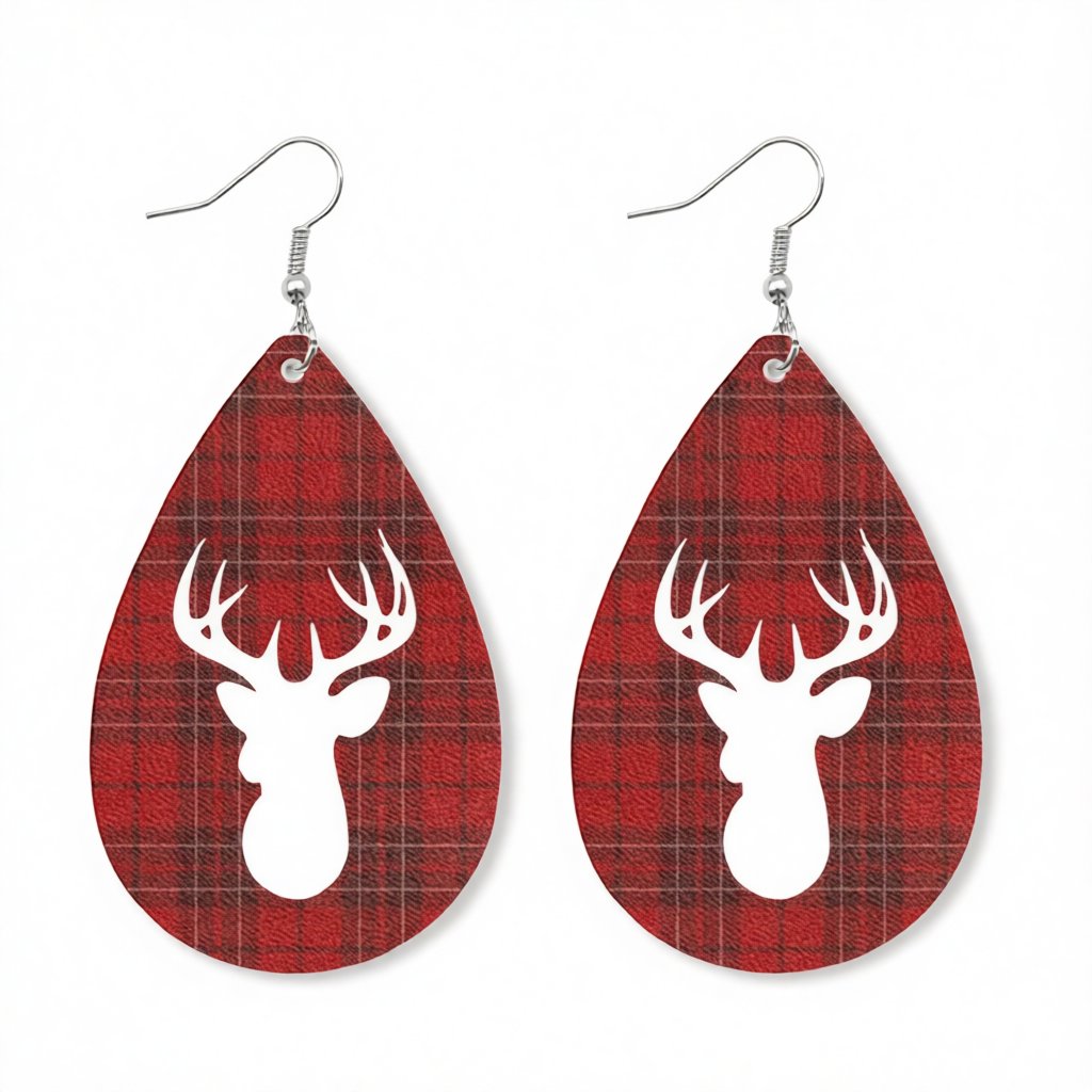 Red and Silver-Plated Plaid Reindeer Drop Earrings, silver drop earrings for women, everyday style, side view