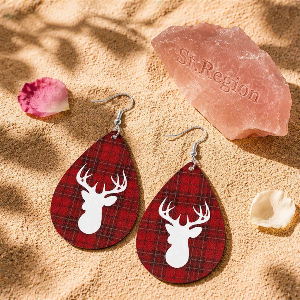 Red and Silver-Plated Plaid Reindeer Drop Earrings, silver drop earrings for women, everyday style, detail close-up