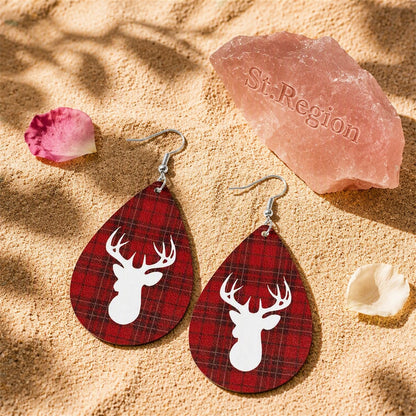 Red and Silver-Plated Plaid Reindeer Drop Earrings, silver drop earrings for women, everyday style, detail close-up