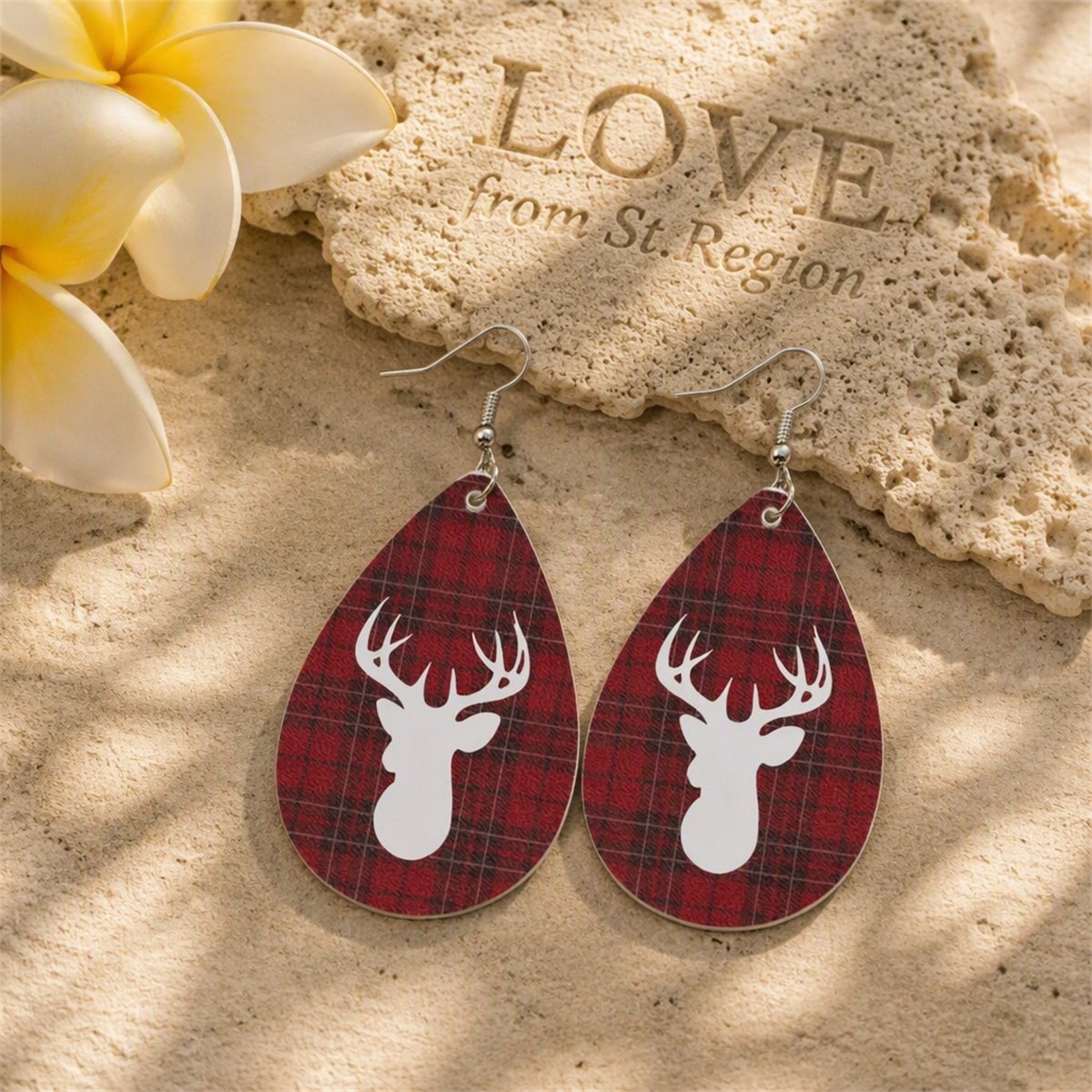 Red and Silver-Plated Plaid Reindeer Drop Earrings, silver drop earrings for women, everyday style, lifestyle look