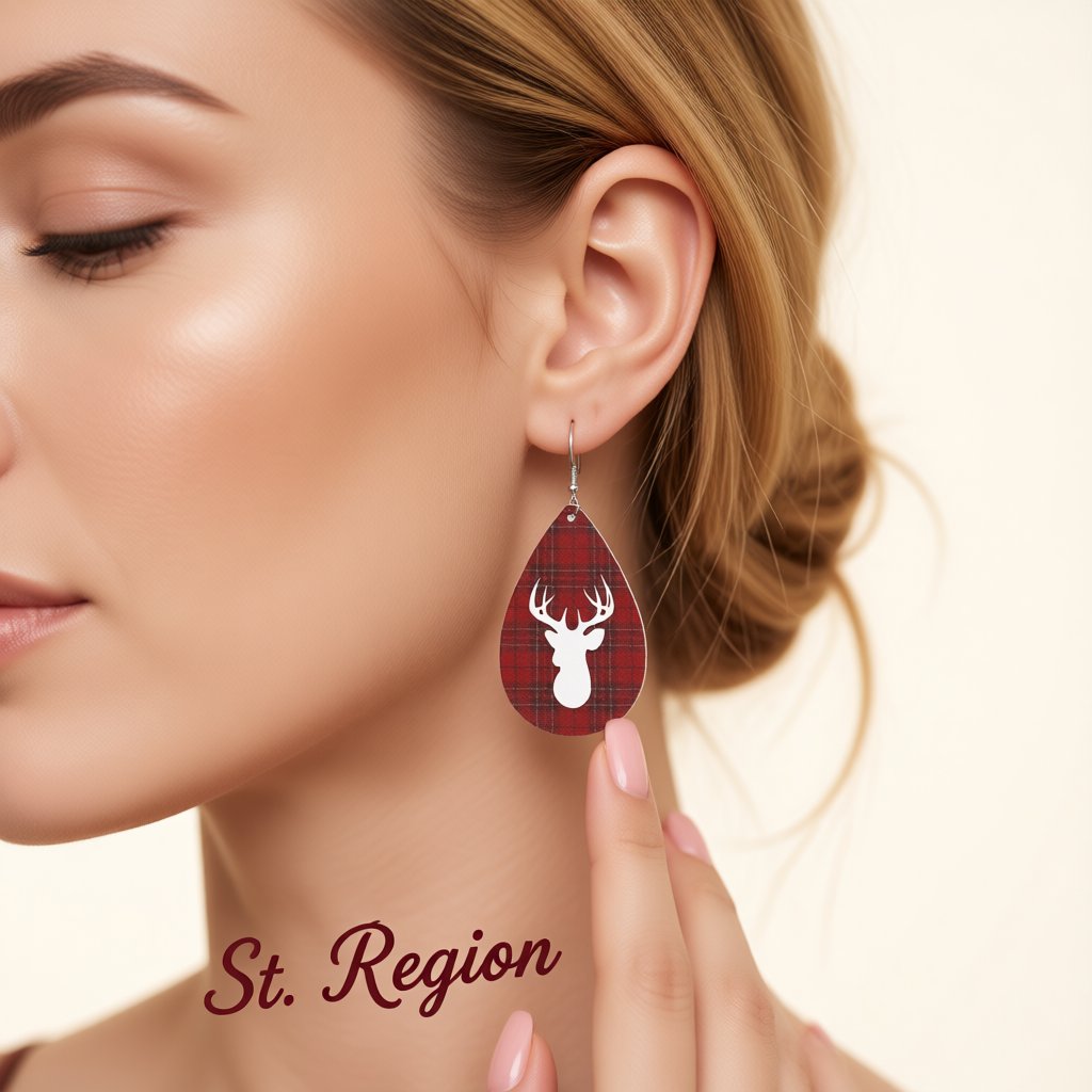 Red and Silver-Plated Plaid Reindeer Drop Earrings, silver drop earrings for women, everyday style, styled look