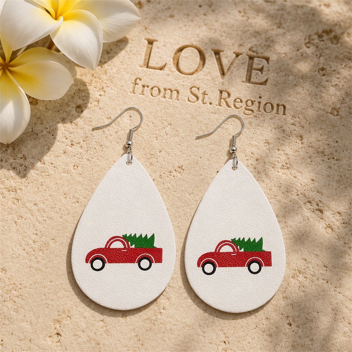 White Polystyrene and Silver-Plated Holiday Goods Car Drop Earrings, silver drop earrings for women, lifestyle look