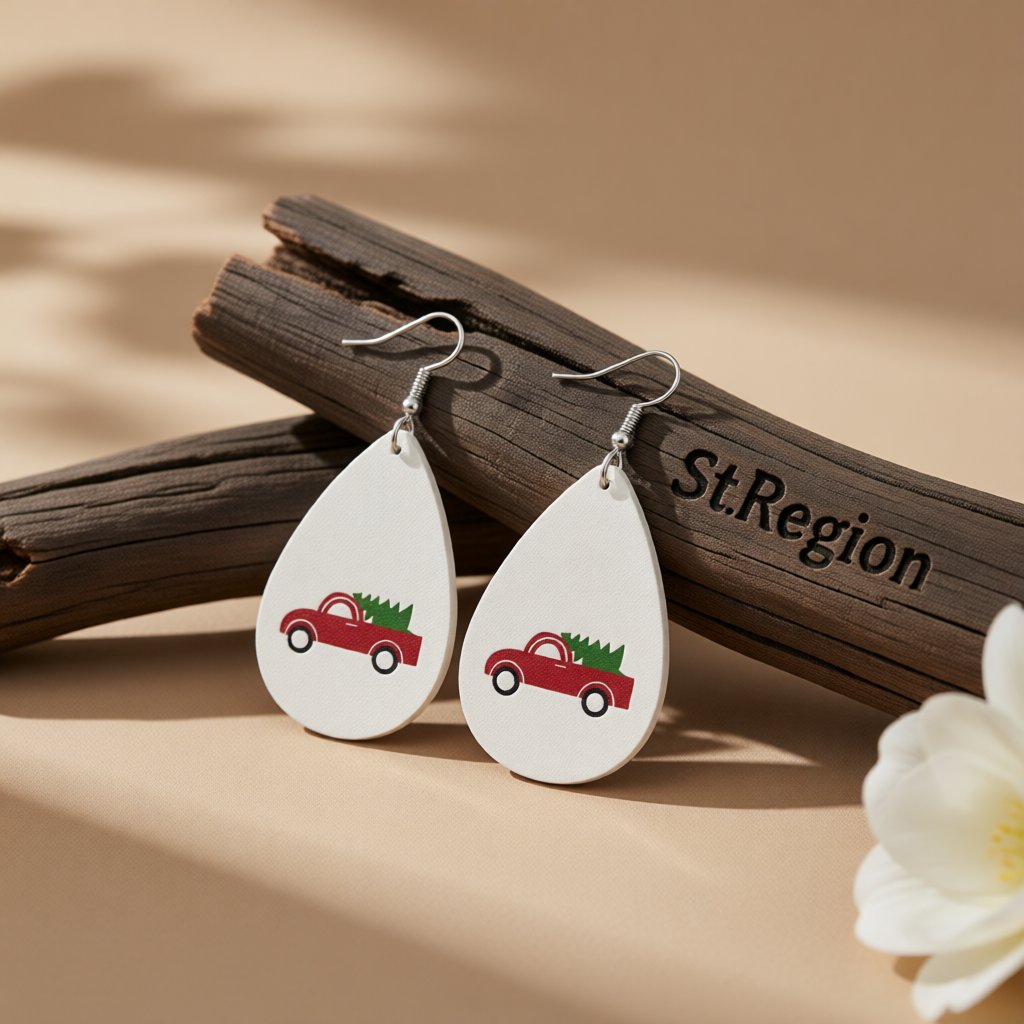 White Polystyrene and Silver-Plated Holiday Goods Car Drop Earrings, silver drop earrings for women, front view