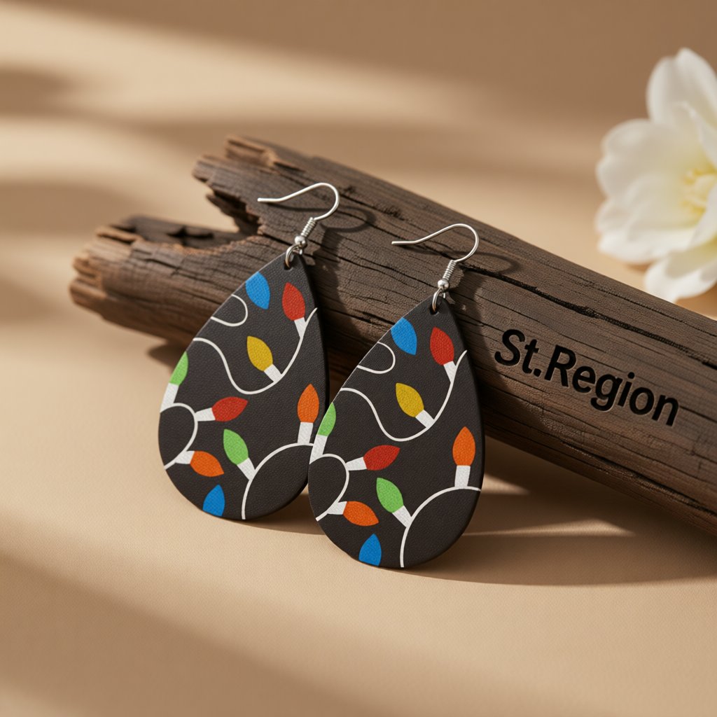Black String Lights Teardrop Earrings, drop earrings for women, botanical inspired, front view
