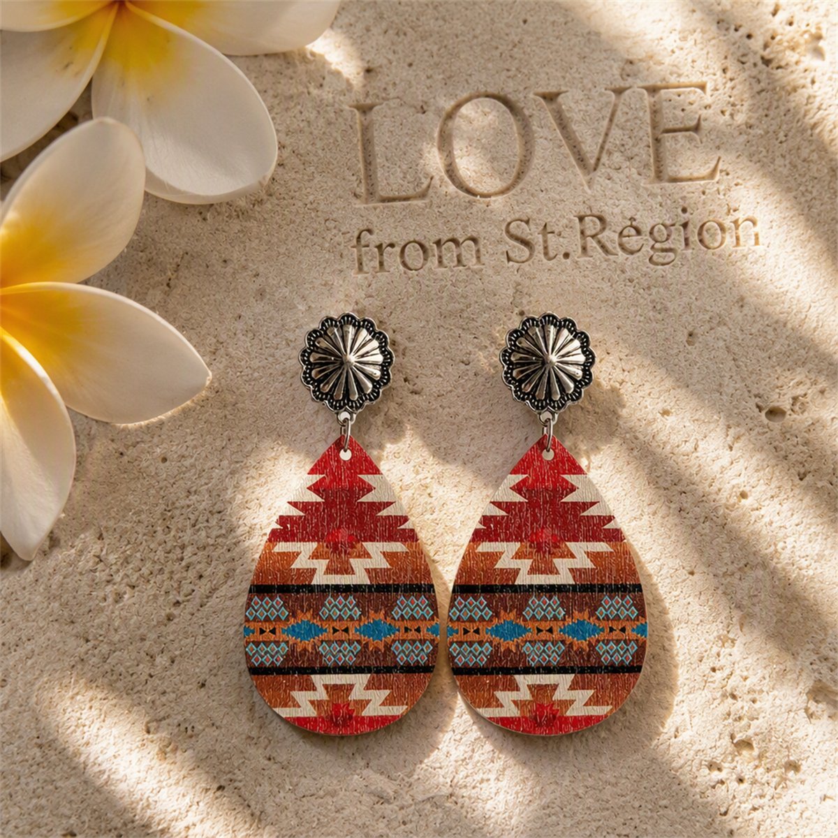Red and Brown Wood Geometric Teardrop Earrings, drop earrings for women, everyday style, lifestyle look
