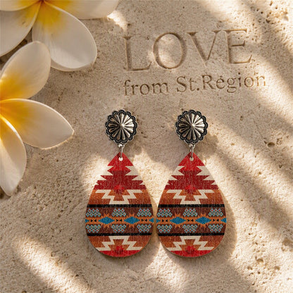 Red and Brown Wood Geometric Teardrop Earrings, drop earrings for women, everyday style, lifestyle look