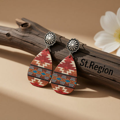 Red and Brown Wood Geometric Teardrop Earrings, drop earrings for women, everyday style, front view