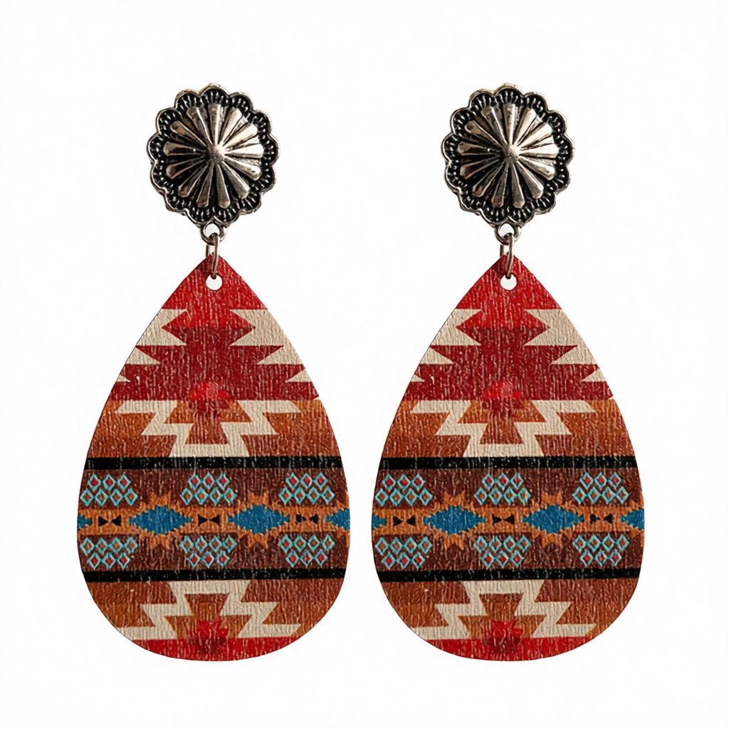 Red and Brown Wood Geometric Teardrop Earrings, drop earrings for women, everyday style, side view