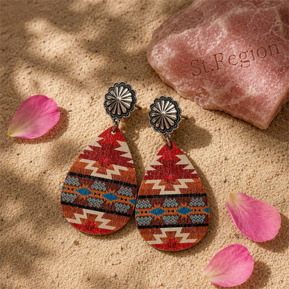 Red and Brown Wood Geometric Teardrop Earrings, drop earrings for women, everyday style, detail close-up