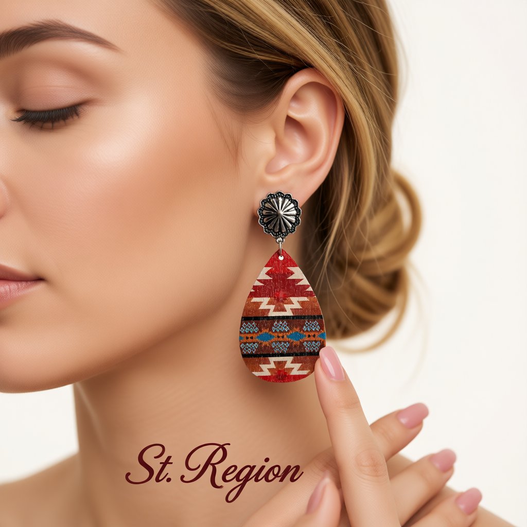 Red and Brown Wood Geometric Teardrop Earrings, drop earrings for women, everyday style, styled look