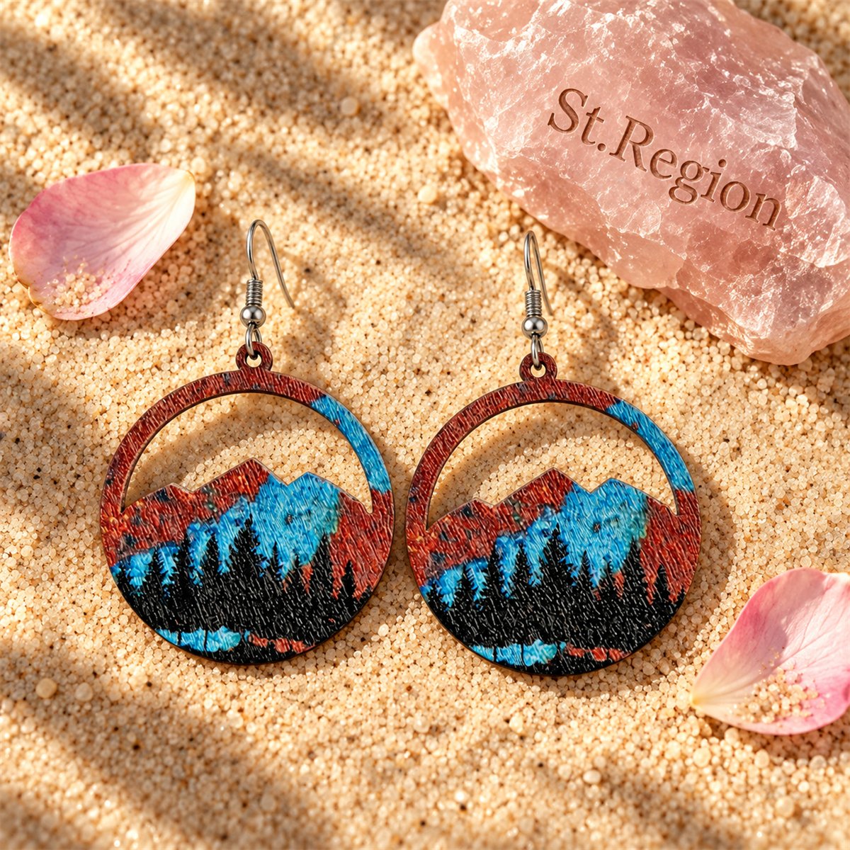 Teal Wood and Silver-Plated Spring Mountain Round Earrings, silver drop earrings for women, detail close-up