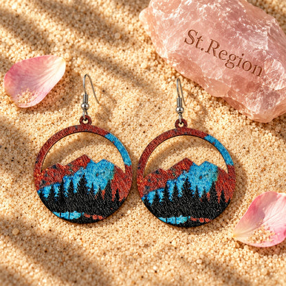 Teal Wood and Silver-Plated Spring Mountain Round Earrings, silver drop earrings for women, detail close-up