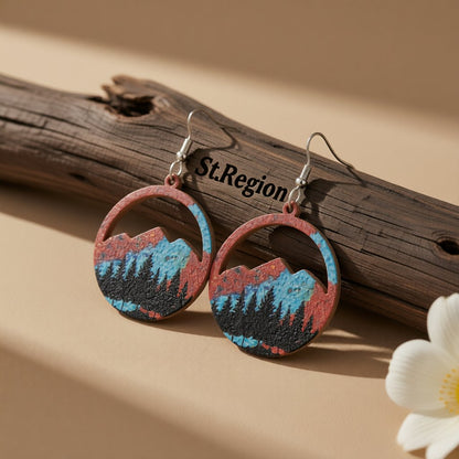 Teal Wood and Silver-Plated Spring Mountain Round Earrings, silver drop earrings for women, botanical inspired, front view