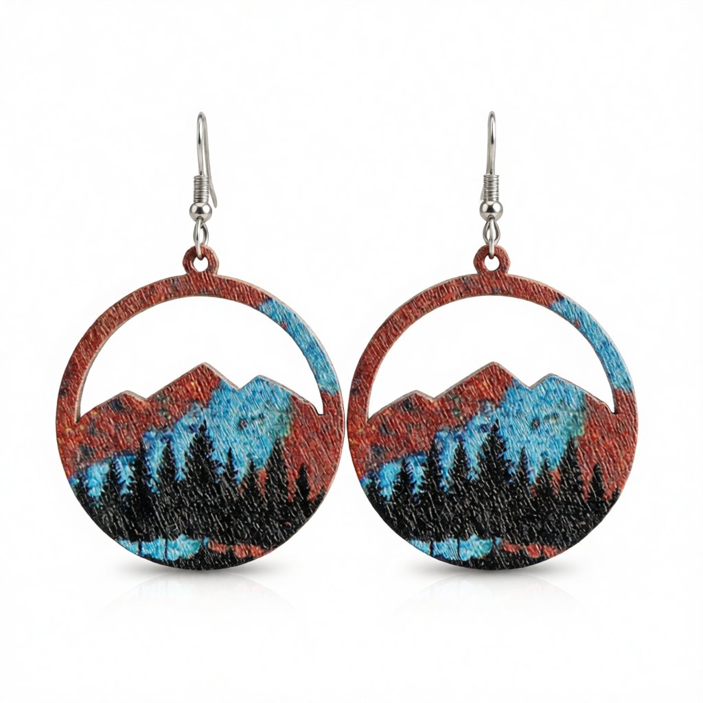 Teal Wood and Silver-Plated Spring Mountain Round Earrings, silver drop earrings for women, botanical inspired, side view